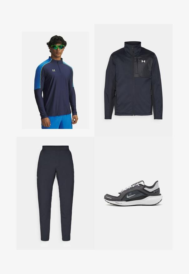 Pikkade varrukatega must jakk kõrge kraega, millel on ees tõmblukk, küljetaskud ja kontrastsest mustast kangast rinnapaneel logoga.; Tumes sinine spordipike käistega särk kõrge kaelusega, siniste õlaaktsentidega ja neoonkollaste õmblustega. Niiskust juhtiv, keha lähedal istuv disain.; Mustad mustreid spordipüksid, millel on sile tekstuur, kitsas lõige, elastne vöökoht ja küljetaskud. Vasakule reiele on tikandatud väike logo.; Mustern ja hallide värvusega spordijalats, millel on võrgusilmast ülemine osa, peegeldavad aktsendid ja valge vaheosa. Omab tekstuuriga kummist välisosa ja kingapaelu.