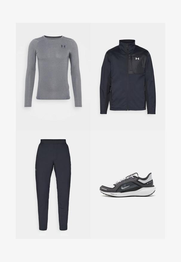 Schwarze Jacke mit langen Ärmeln und hohem Kragen, ausgestattet mit einem Frontreißverschluss, Seitentaschen und einem kontrastierenden schwarzen Brustpanel mit einem Logo.; Langärmliges Sportoberteil in Dunkelgrau, hergestellt aus einem glatten, elastischen Stoff mit subtiler Glanz und flach genähten Nähten; mit kleinem Logo auf der Brust.; Schwarze Sporthose mit glatter Textur, schlankem Schnitt, elastischem Bund und seitlichen Taschen. Mit einem kleinen Logo auf dem linken Oberschenkel.; Schwarzer und grauer Sportschuh mit einem Mesh-Obermaterial, reflektierenden Akzenten und einer weißen Zwischensohle. Verfügt über eine strukturierte Gummisohle und Schnürsenkel.