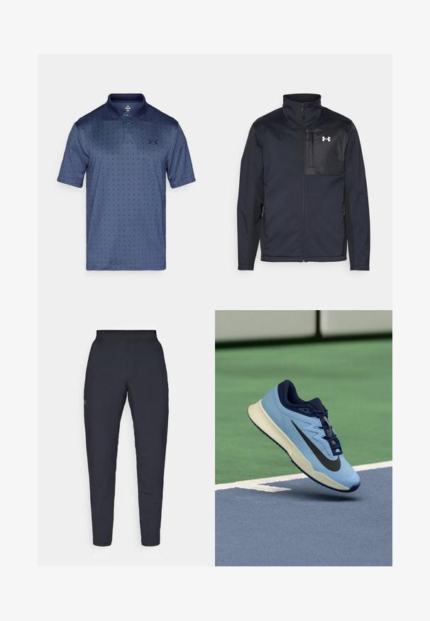 Casaco preto de mangas longas com gola alta, apresentando um fecho frontal, bolsos laterais e um painel peitoral preto em contraste com um logótipo.; Polo de cor azul-marinho feito de tecido respirável, com um padrão de estrelas discreto, fecho de botão duplo e colarinho. Logótipo da Under Armour no peito.; Calças de desporto negras com uma textura suave, corte justo, cintura elástica e bolsos laterais. Apresenta um pequeno logótipo na coxa esquerda.; Shoe desportivo azul claro com realces em azul-marinho, parte superior em malha texturizada e logo Swoosh preto. Apresenta uma entressola acolchoada e sola de borracha.