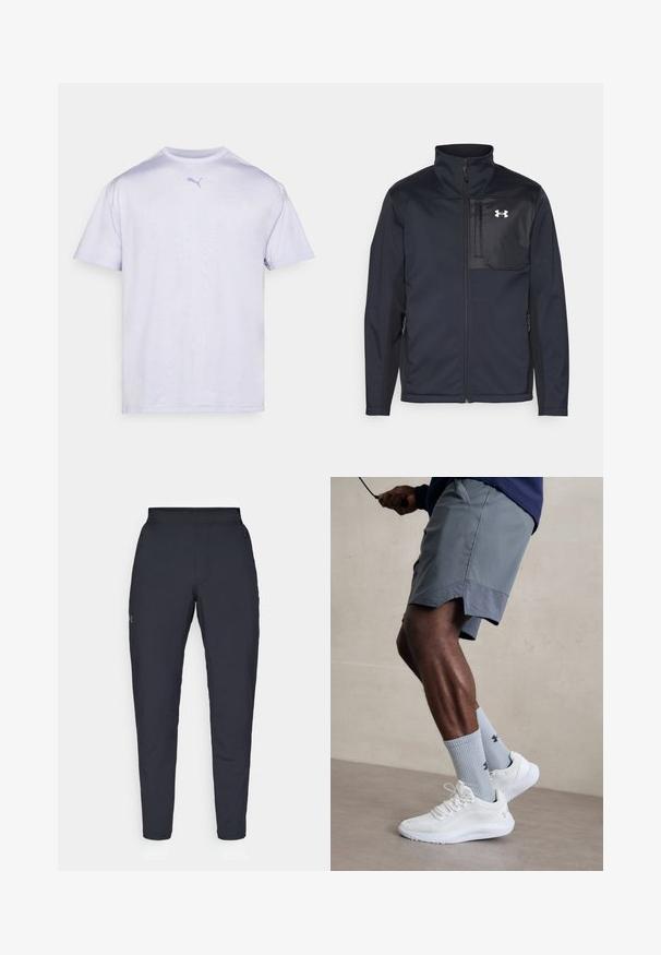 Juodas ilgomis rankovėmis švarkas su aukštu apykakle, užsegamas priekyje užtrauktuku, su šoninėmis kišenėmis ir kontrastingu juodu krūtinės skyriumi su logotipu.; Balta trumpa rankovėmis marškinėliai, pagaminti iš minkštos medvilnės, su apvaliu kaklu, ant krūtinės yra šviesiai mėlynas Puma logotipas.; Juodos sportinės kelnės su lygiu paviršiumi, siauru siluetu, elastingu juosmeniu ir šoninėmis kišenėmis. Mažas logotipas yra kairėje šlaunyje.; Balti sportiniai bateliai su tekstūruotu tinkleliu viršuje, derinami su šviesiai mėlynomis ribotomis kojinėmis su logotipu. Pilki sportiniai šortai su perforuota apdaila.