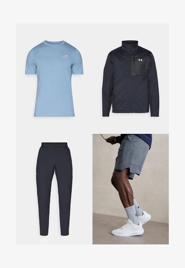 Casaco preto de mangas longas com gola alta, apresentando um fecho frontal, bolsos laterais e um painel peitoral preto em contraste com um logótipo.; T-shirt de algodão azul claro com mangas curtas, gola redonda e um pequeno logo branco da Puma no lado esquerdo do peito. Textura suave.; Calças de desporto negras com uma textura suave, corte justo, cintura elástica e bolsos laterais. Apresenta um pequeno logótipo na coxa esquerda.; Ténis desportivos brancos com parte superior em malha texturizada, acompanhados por meias caneleadas azul claro com um logótipo. Calções desportivos cinza com acabamento perfurado.