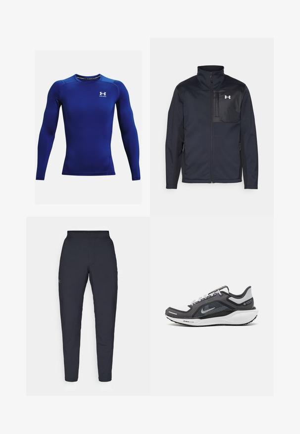 Langærmet sort jakke med høj krave, som har en frontlynlås, sidelommer og en kontrasterende sort brystpanel med et logo.; Langærmet træningsshirt i lys blå stof med rund halsudskæring, tætsiddende pasform og hvidt logo på brystet. Glat tekstur.; Sorte atletiske bukser med en glat overflade, tætsiddende pasform, elastisk talje og sidelommer. Indeholder et lille logo på venstre lår.; Sort og grå atletisk sko med en mesh-overdel, reflekterende detaljer og en hvid mellemsål. Har en tekstureret gummisål og snørebånd.