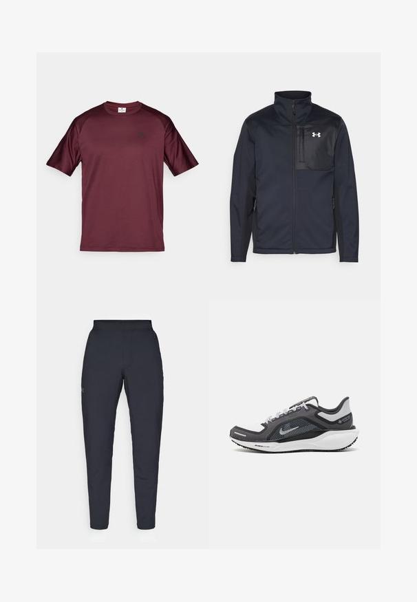 Pikkade varrukatega must jakk kõrge kraega, millel on ees tõmblukk, küljetaskud ja kontrastsest mustast kangast rinnapaneel logoga.; Burgundi spordipaita, millel on lühikesed varrukad, ümmargune kaelus ja rinnal väike must logo. Valmistatud libedast ja kergest materjalist.; Mustad mustreid spordipüksid, millel on sile tekstuur, kitsas lõige, elastne vöökoht ja küljetaskud. Vasakule reiele on tikandatud väike logo.; Mustern ja hallide värvusega spordijalats, millel on võrgusilmast ülemine osa, peegeldavad aktsendid ja valge vaheosa. Omab tekstuuriga kummist välisosa ja kingapaelu.