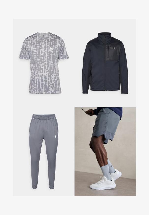 Jachetă neagră cu mâneci lungi, cu guler înalt, având un fermoar frontal, buzunare laterale și un panou central contrastant negru cu un logo.; Tricou gri cu mânecă scurtă, având un model modern cu nuanțe variate, cu gât rotund și un mic logo alb pe partea stângă a pieptului.; Pantaloni atletici gri cu talie elastică, buzunare laterale și accente albe. Realizați dintr-un material neted și ușor.; Încălțăminte sport albă cu partea superioară din plasă texturată, asociată cu șosete ribbate de culoare bleu deschis care au un logo. Şorturi sportive gri cu margine perforată.