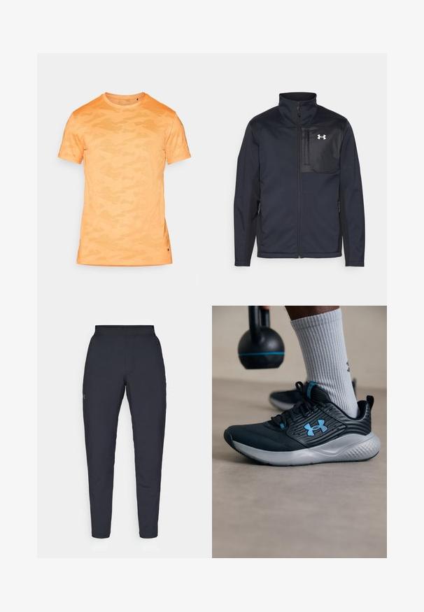Langærmet sort jakke med høj krave, som har en frontlynlås, sidelommer og en kontrasterende sort brystpanel med et logo.; Orange camo-mønsteret kortærmet t-shirt med rund hals og subtilt struktureret stof. Sideslids detalje ved kanten. Letvægtsdesign.; Sorte atletiske bukser med en glat overflade, tætsiddende pasform, elastisk talje og sidelommer. Indeholder et lille logo på venstre lår.; Sort atletiksko med blå accenter, struktureret overdel og grå sål. Båret med grå ribbede sokker, ved siden af en sort kettlebell.