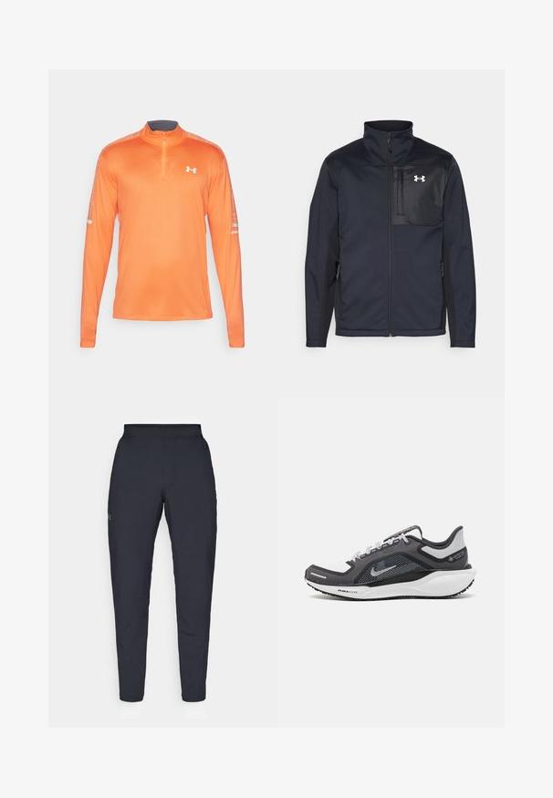 Langærmet sort jakke med høj krave, som har en frontlynlås, sidelommer og en kontrasterende sort brystpanel med et logo.; Orange langærmet atletisk skjorte med halv lynlåskrave. Lavet af glat stof, med strukturerede detaljer på skuldrene.; Sorte atletiske bukser med en glat overflade, tætsiddende pasform, elastisk talje og sidelommer. Indeholder et lille logo på venstre lår.; Sort og grå atletisk sko med en mesh-overdel, reflekterende detaljer og en hvid mellemsål. Har en tekstureret gummisål og snørebånd.