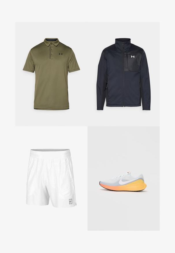Casaco preto de mangas longas com gola alta, apresentando um fecho frontal, bolsos laterais e um painel peitoral preto em contraste com um logótipo.; Camisa polo verde-azeitona com um tecido texturizado, com uma pala de três botões e detalhes em azul-marinho escuro. Apresenta um logótipo bordado no peito.; Calções atléticos brancos feitos de um tecido leve com um cós elástico, apresentando dois bolsos laterais e um pequeno logotipo preto na bainha.; Sapatilha de corrida azul clara com um upper de malha respirável. Apresenta um swoosh branco, entressola laranja e amarela, e sola preta para tração.