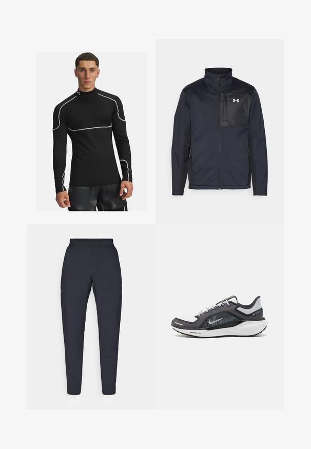 Juodas ilgomis rankovėmis švarkas su aukštu apykakle, užsegamas priekyje užtrauktuku, su šoninėmis kišenėmis ir kontrastingu juodu krūtinės skyriumi su logotipu.; Ilgas rankoves, juodas sportinis marškinėlis, pagamintas iš tamprus audinio. Yra pilkos siūlės palei siūles ir aukšta apykaklė.; Juodos sportinės kelnės su lygiu paviršiumi, siauru siluetu, elastingu juosmeniu ir šoninėmis kišenėmis. Mažas logotipas yra kairėje šlaunyje.; Juodas ir pilkas sportinis batelis su tinkleliu viršuje, atspindinčiais akcentais ir balta vidurinė dalimi. Yra tekstūruota guminė išorinė pada ir raišteliai.