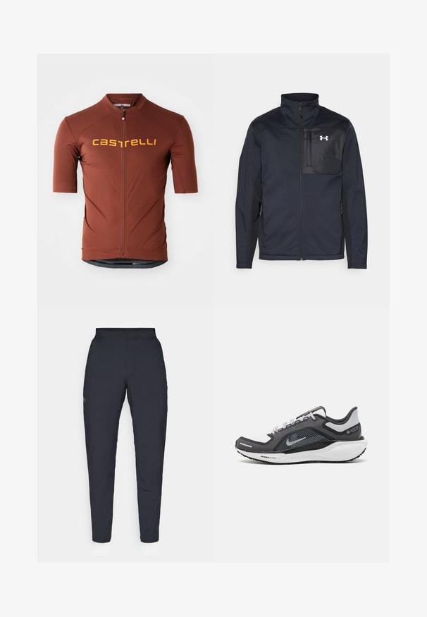 Schwarze Jacke mit langen Ärmeln und hohem Kragen, ausgestattet mit einem Frontreißverschluss, Seitentaschen und einem kontrastierenden schwarzen Brustpanel mit einem Logo.; Kurzarm-Radtrikot in einem dunklen Rotton, mit einem durchgehenden Reißverschluss vorne und einem auffälligen gelben "castelli"-Logo über der Brust.; Schwarze Sporthose mit glatter Textur, schlankem Schnitt, elastischem Bund und seitlichen Taschen. Mit einem kleinen Logo auf dem linken Oberschenkel.; Schwarzer und grauer Sportschuh mit einem Mesh-Obermaterial, reflektierenden Akzenten und einer weißen Zwischensohle. Verfügt über eine strukturierte Gummisohle und Schnürsenkel.