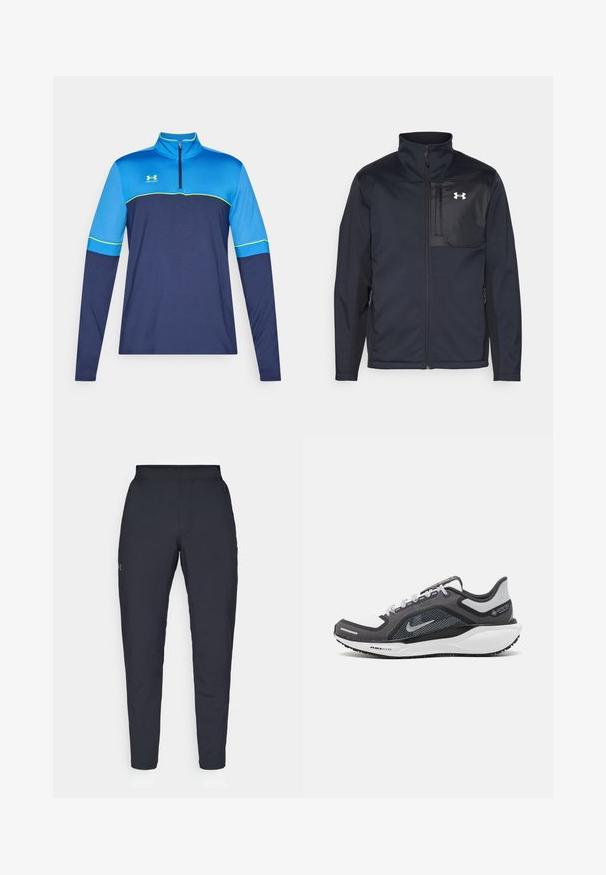 Juodas ilgomis rankovėmis švarkas su aukštu apykakle, užsegamas priekyje užtrauktuku, su šoninėmis kišenėmis ir kontrastingu juodu krūtinės skyriumi su logotipu.; Ilgų rankovių sportinis marškinėliai su pusiau užtraukiama apykakle. Mėlynai tamsiai mėlynos spalvos blokai su žalios spalvos akcentais. Lygus audinys, sportiška forma. Rodomas "Under Armour" logotipas.; Juodos sportinės kelnės su lygiu paviršiumi, siauru siluetu, elastingu juosmeniu ir šoninėmis kišenėmis. Mažas logotipas yra kairėje šlaunyje.; Juodas ir pilkas sportinis batelis su tinkleliu viršuje, atspindinčiais akcentais ir balta vidurinė dalimi. Yra tekstūruota guminė išorinė pada ir raišteliai.