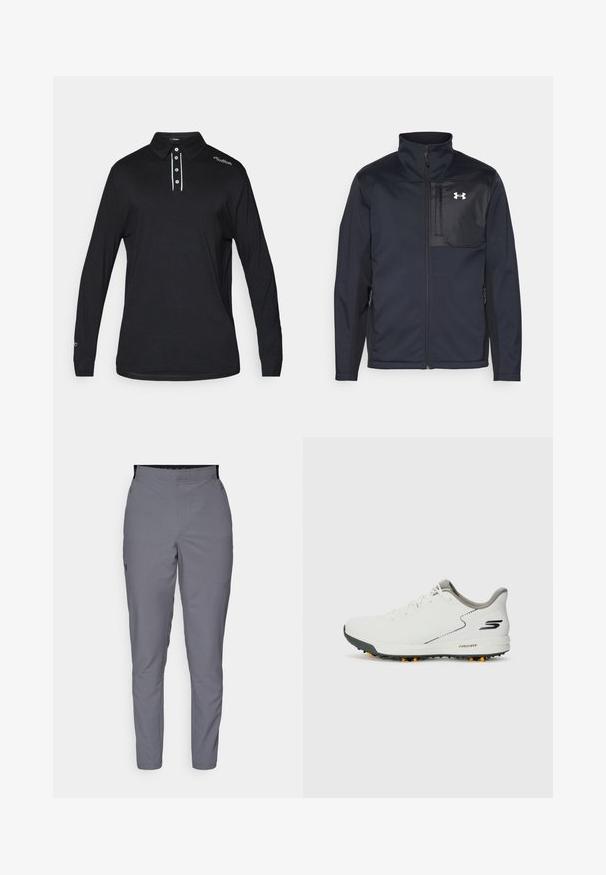 Melna ilga piedurkne jaka ar augstu apkakli, ar priekšējo rāvējslēdzēju, sānu kabatām un kontrastējošu melnu krūšu paneli ar logo.; Garšām piedurknēm melna polo krekls, izgatavots no gludas auduma, ar apkakli, trīs pogu aizdares un baltām akcentiem aizdares un pleca zonā.; Pelēki, sašaurināti bikses ar gludu faktūru, elastīgu jostu un sānu kabatām. Uz kreisā augšstilba ir neliels simbols.; Baltas sporta apavu modelis ar gludu augšpusi, pelēkiem akcentiem un teksturētu melnu zoli, kurā ir oranži uzgaļi. Viegls dizains, kas vērsts uz komfortu.