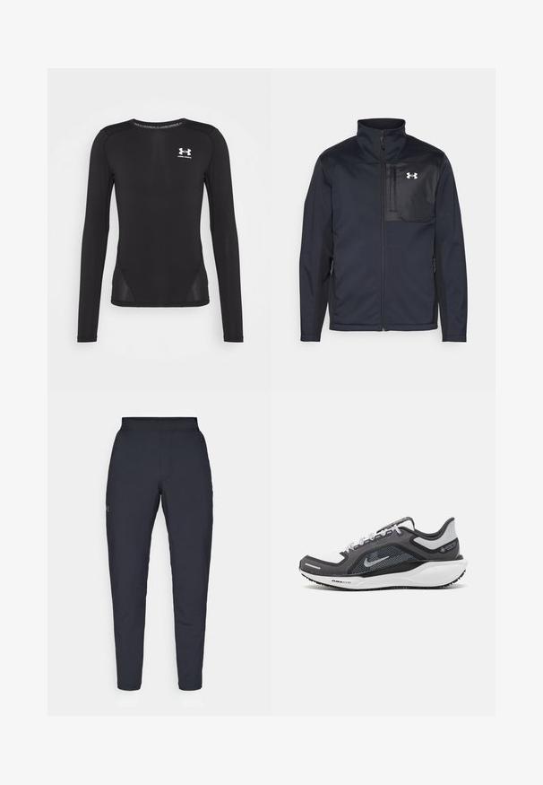 Svart jacka med lång ärm och hög krage, med en dragkedja fram, sidofickor och en kontrasterande svart bröstpanel med en logotyp.; Svart långärmad sporttröja i ett slätt och lätt tyg. Har en figursydd design och mesh-sidpaneler. Under Armour-logotyp på bröstet.; Svarta träningsbyxor med en slät yta, slim fit, elastisk midja och sidofickor. Har en liten logotyp på vänstra låret.; Svart och grå atletisk sko med ovandel i mesh, reflexdetaljer och en vit mellansula. Har en strukturerad gummisula och skosnören.