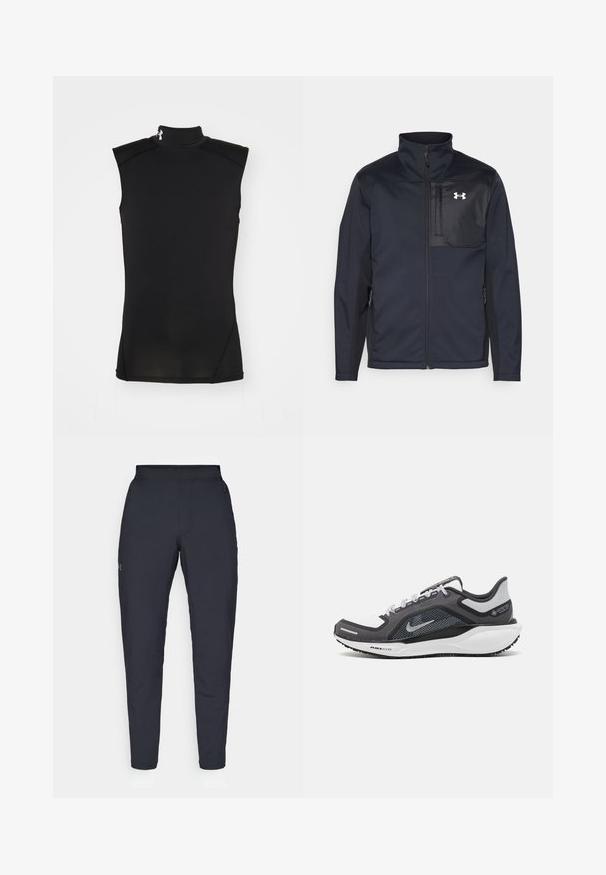 Giacca nera a maniche lunghe con colletto alto, dotata di zip frontale, tasche laterali e un pannello centrale a contrasto, sempre nero, con un logo.; Top senza maniche nero con collo alto, realizzato in tessuto liscio e elastico. Presenta cuciture piatte e un sottile logo accennato sul colletto.; Pantaloni sportivi neri con una texture liscia, vestibilità slim, vita elastica e tasche laterali. Presentano un piccolo logo sulla coscia sinistra.; Scarpa da ginnastica nera e grigia con tomaia in rete, dettagli riflettenti e intersuola bianca. Presenta una suola in gomma testurizzata e lacci.