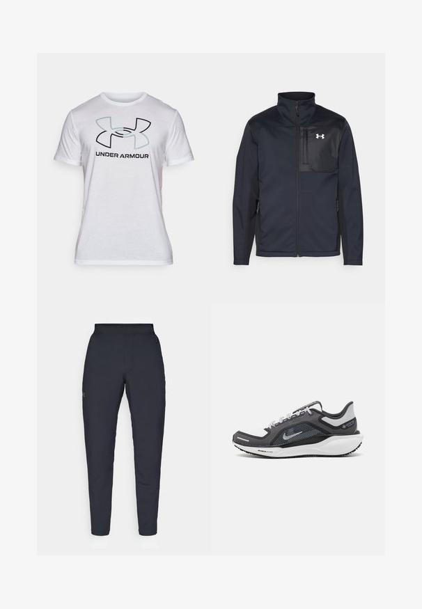 Crna jakna dugih rukava s visokim ovratnikom, koja ima prednji patentni zatvarač, bočne džepove i kontrastnu crnu ploču na prsima s logotipom.; Bijela pamučna majica kratkih rukava s velikim crnim i svijetloplavim logom Under Armour na prednjoj strani. Glatka tekstura, klasičan kroj.; Crne sportske hlače s glatkom teksturom, uskih krojeva, elastičnim pojasom i bočnim džepovima. Imaju mali logo na lijevom bedru.; Crne i sive atletske cipele s mrežastim gornjim dijelom, reflektirajućim detaljima i bijelim među-djelom. Imaju strukturiranu gumenu potplate i vezice.
