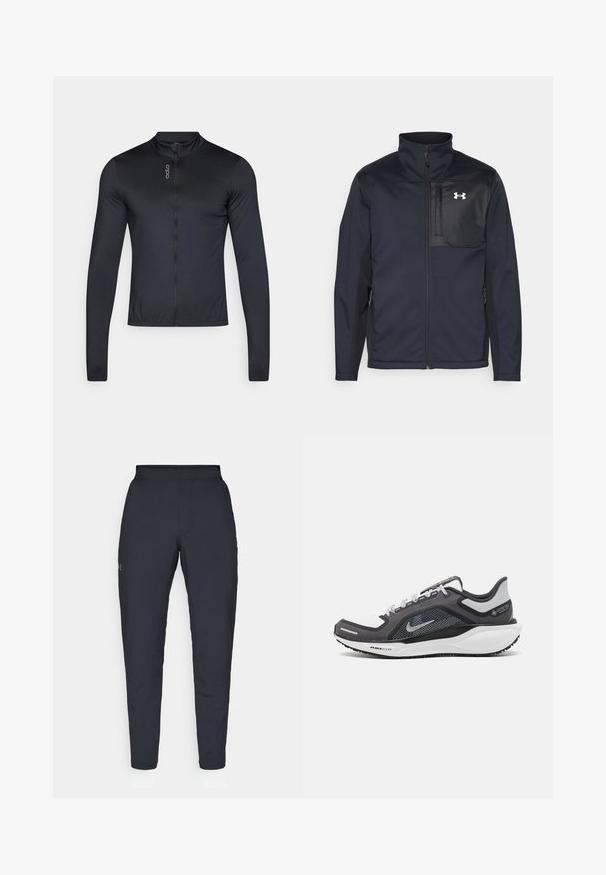 Casaco preto de mangas longas com gola alta, apresentando um fecho frontal, bolsos laterais e um painel peitoral preto em contraste com um logótipo.; Camisola de ciclismo de mangas longas em preto, com colarinho alto, fecho éclair completo e tecido leve e respirável. Textura suave com branding mínimo.; Calças de desporto negras com uma textura suave, corte justo, cintura elástica e bolsos laterais. Apresenta um pequeno logótipo na coxa esquerda.; Sapatilha atlética preta e cinza com parte superior em malha, detalhes reflexivos e uma entressola branca. Apresenta uma sola de borracha texturizada e atacadores.