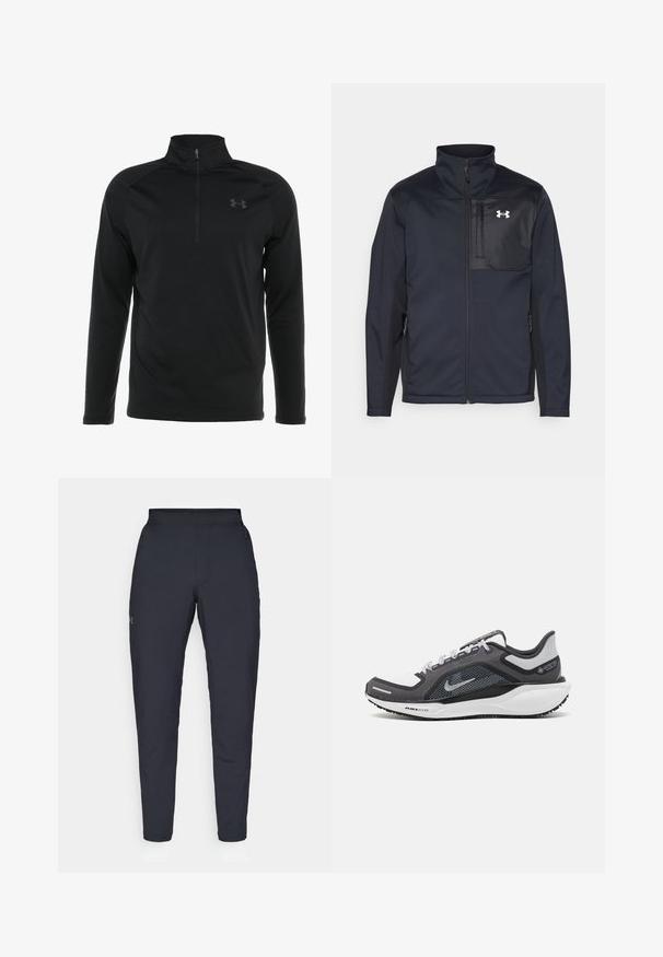 Giacca nera a maniche lunghe con colletto alto, dotata di zip frontale, tasche laterali e un pannello centrale a contrasto, sempre nero, con un logo.; Maglione nero a maniche lunghe con colletto a mezza zip, realizzato in tessuto morbido e elasticizzato, con un logo discreto sul petto.; Pantaloni sportivi neri con una texture liscia, vestibilità slim, vita elastica e tasche laterali. Presentano un piccolo logo sulla coscia sinistra.; Scarpa da ginnastica nera e grigia con tomaia in rete, dettagli riflettenti e intersuola bianca. Presenta una suola in gomma testurizzata e lacci.