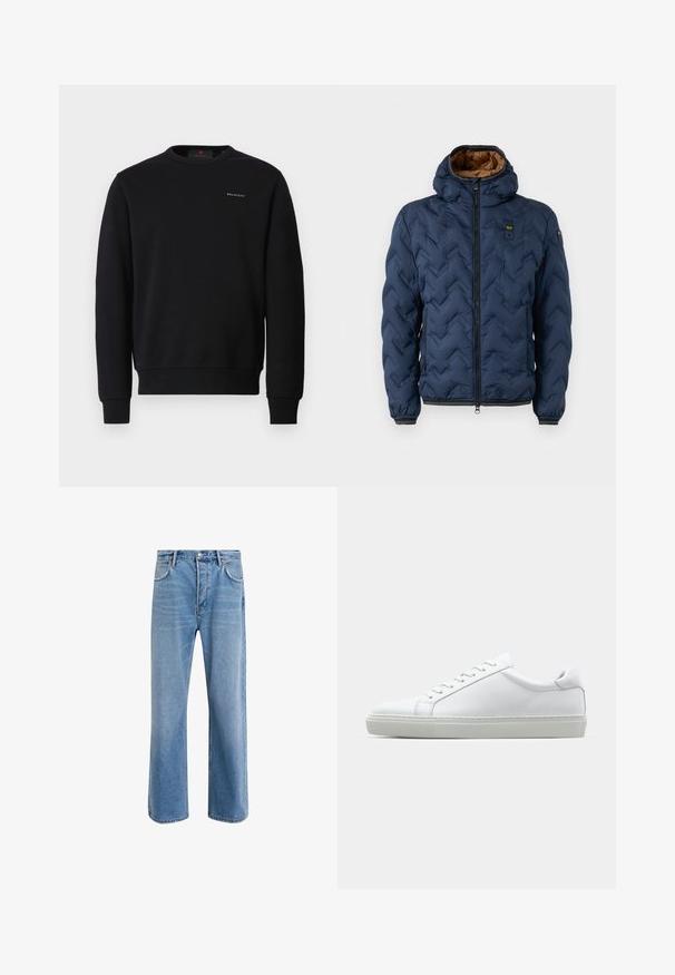 Tamsiai mėlyna pūkinė striukė su zigzago raštu, užtrauktuku priekyje ir nuimama kapišonu. Pamušalas - rudos spalvos audinys, su elastingomis rankogalių ir apačios juostomis.; Juodas medvilnės džemperis su apykakle, ilgomis rankovėmis, lankstytomis rankogaliais ir apačia, o krūtinėje yra mažas baltas "BELSTAFF" logotipas.; Šviesiai mėlyni džinsai su tiesiu kirpimu, penkios kišenės, mygtuko užsegimas, minimalus blukimas ir kontrastingi siuvimo detalės.; Baltas sportinis batelis su lygiu odiniu paviršiumi ir žemu profiliu. Turi suapvalintą pirštą, šešis akių skyrius ir tekstūruotą gumos padą.