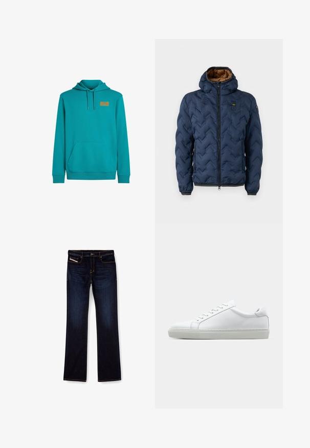 Tumesinist värvi sulejope v-kujulise mustriga, esikinnis tõmblukuga ja eemaldatava kapuutsiga. Vooderdatud pruunist kangast, varrukatel ja allääres elastsed mansetid.; Türkiissinine kapuutsiga dressipluus, millel on esikoti, kookoniga kapuuts ja väike oranž silt rinna peal. Pehme kangas ja soonikkoes varrukad.; Tumed sinine denimist teksapüksid sirge lõikega, millel on oranž õmblus, lukuga ees ja eesmine tasku. Sile tekstuur ja tavaline vöökoht.; Valge tennisetoss, millel on sile nahk pealis ja madal profiil. Omab ümarat ninaosa, kuut silmust ja tekstuuriga kummist talda.