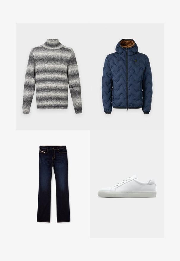Donkerblauwe donzen jas met een chevronpatroon, ritssluiting aan de voorkant en afneembare kap. Gevoerd met bruin stof en voorzien van elastische manchetten en zoom.; Grijs en wit gestreepte coltrui met een geribbelde hals, biedt een zachte textuur en standaard lange mouwen.; Donkerblauwe denim jeans met een rechte pijp, voorzien van oranje stiksels, een ritssluiting en voorzakken. Glad oppervlak en een standaard tailleband.; Witte sneaker met een gladlederen bovenwerk en een laag profiel. Voorzien van een ronde neus, zes vetergaatjes en een gestructureerde rubberen zool.
