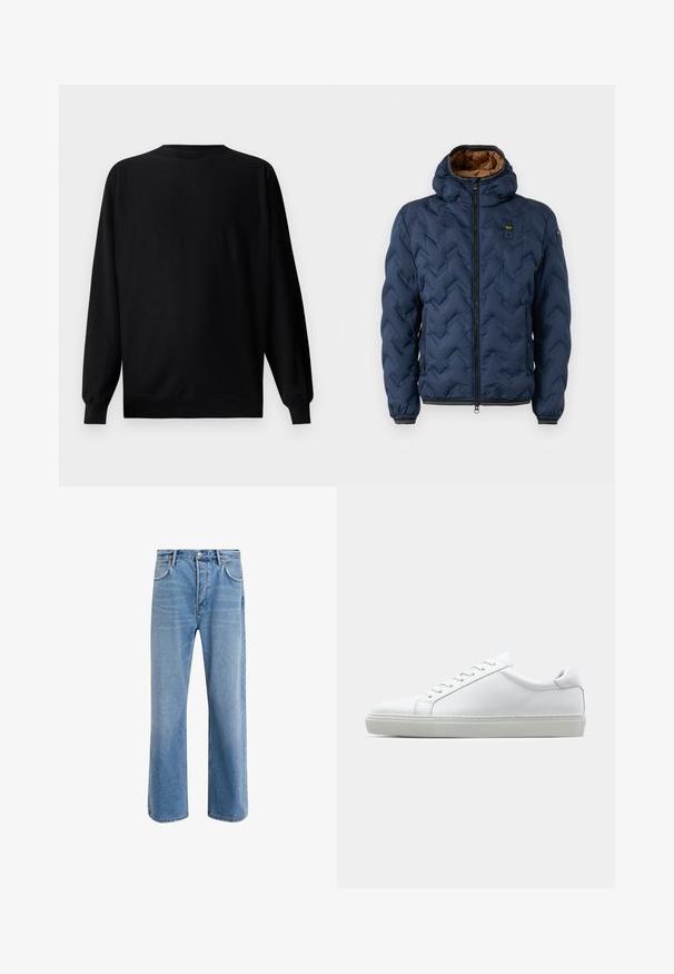 Navy blue puffer jacket with a chevron pattern, zip front, and detachable hood. Lined with brown fabric and features elastic cuffs and hem.; Black sweatshirt with long sleeves, a crew neckline, and ribbed cuffs. Features a subtle embossed logo on the left chest area.; Light blue denim jeans with a straight-leg design, five pockets, button closure, minimal fading, and contrasting stitching details.; White sneaker with a smooth leather upper and a low profile. Features a rounded toe, six eyelets, and a textured rubber sole.