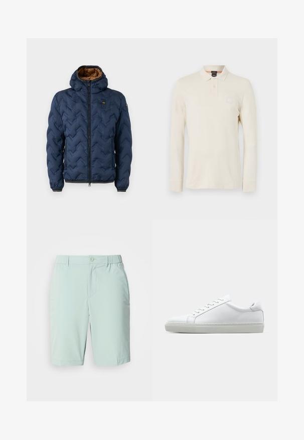 Veste matelassée bleu marine à motif chevron, fermeture éclair à l'avant et capuche amovible. Doublée en tissu marron, avec poignets et ourlet élastiques.; Polo à manches longues en beige clair, fabriqué en tissu lisse, doté d'un col polo, d'une patte de boutonnage à deux boutons et d'un petit logo brodé sur la poitrine.; Shorts bleu clair en tissu lisse, dotés d'une fermeture à bouton, de poches avant et d'une ceinture confortable sans motifs visibles.; Sneaker blanche avec une tige en cuir lisse et un profil bas. Présente un bout arrondi, six œillets et une semelle en caoutchouc texturé.