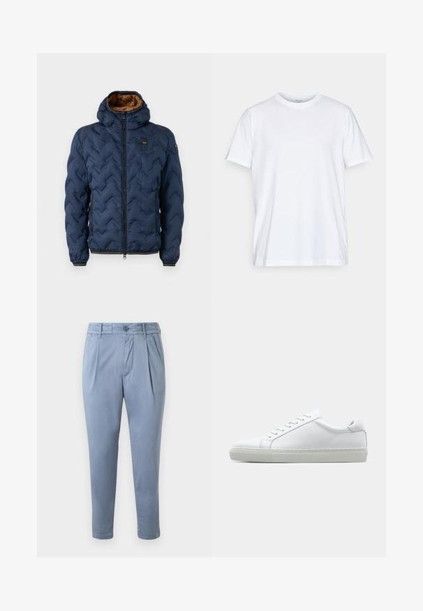 Veste matelassée bleu marine à motif chevron, fermeture éclair à l'avant et capuche amovible. Doublée en tissu marron, avec poignets et ourlet élastiques.; T-shirt en coton blanc à manches courtes, col rond et coupe décontractée. Présente un design minimaliste, sans motifs ni accents.; Pantalons bleu clair, fuselés, en tissu lisse avec un devant plat, des plis et une fermeture à bouton. Équipés de poches latérales et d'ourlets à revers.; Sneaker blanche avec une tige en cuir lisse et un profil bas. Présente un bout arrondi, six œillets et une semelle en caoutchouc texturé.