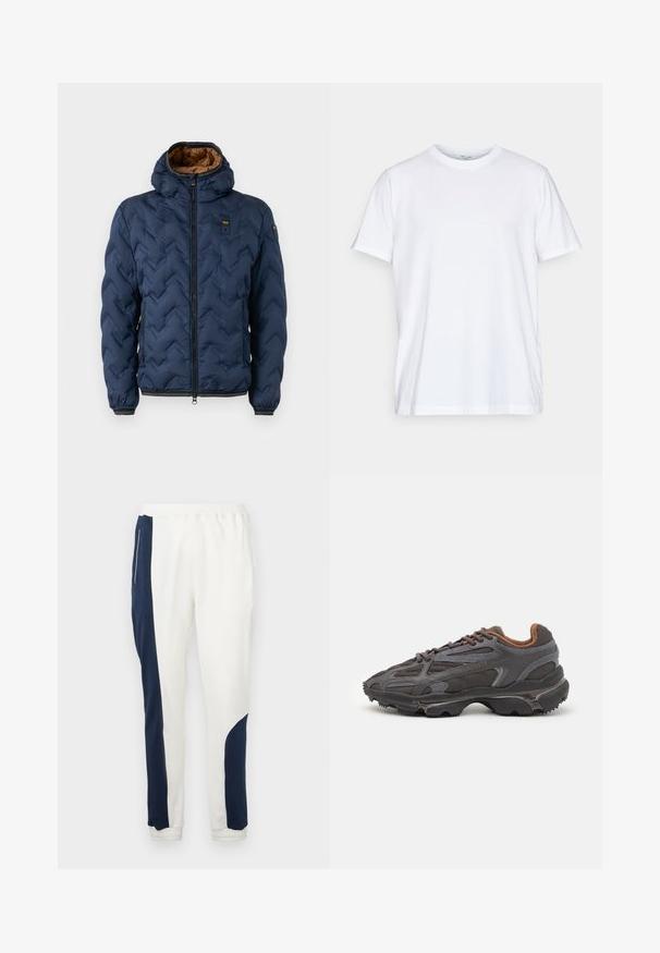 Laivaston sininen toppatakki, jossa on v-kirjaimen muotoinen kuvio, vetoketjullinen etuosa ja irrotettava huppu. Vuoritettu ruskealla kankaalla ja siinä on joustavat hihansuut ja helmassa oleva resori.; Valkoinen puuvillainen t-paita, jossa on lyhyet hihat, pyöreä pääntie ja rento leikkaus. Ominaisuudet minimalistinen muotoilu, ei kuvioita tai korostuksia.; Valkoiset juoksuhousut, joissa on tummansiniset sivupaneelit ja joustavat hihnat, valmistettu pehmeästä kankaasta, jossa on sileä pinta ja naruhihnalla varustettu vyötärö.; Lacoste-tennar i mörkgrått med nät- och syntetmaterial, med en texturerad sula och bruna accenter på kragen och märket.