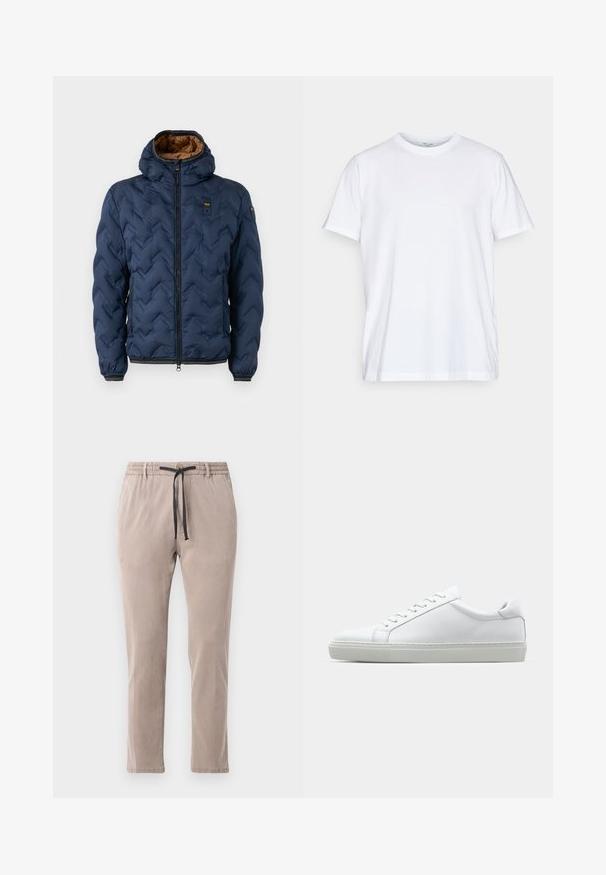 Marineblaue Steppjacke mit Chevron-Muster, Reißverschluss vorne und abnehmbarer Kapuze. Mit braunem Stoff gefüttert und ausgestattet mit elastischen Bündchen und Saum.; Weißes Baumwoll-T-Shirt mit kurzen Ärmeln, rundem Halsausschnitt und lockerer Passform. Minimalistisches Design, ohne Muster oder Akzente.; Beige Hose mit elastischem Bund und schwarzem Kordelzug. Gerade Passform mit weichem Material und minimalen Nähdetails.; Weißer Sneaker mit glattem Lederobermaterial und niedrigem Profil. Verfügt über eine runde Zehenpartie, sechs Ösen und eine strukturierte Gummisohle.