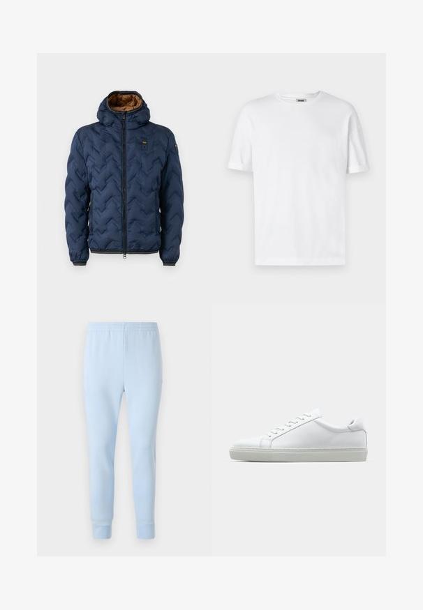 Donkerblauwe donzen jas met een chevronpatroon, ritssluiting aan de voorkant en afneembare kap. Gevoerd met bruin stof en voorzien van elastische manchetten en zoom.; Witte katoenen t-shirt met een ronde hals, korte mouwen en omgeslagen mouwen; ongecompliceerd ontwerp, zachte textuur en rechte snit.; Lichtblauwe sweatpants van zacht stof, met een elastische tailleband en taps toelopende boorden. Geen zichtbare patronen of hardwareaccenten.; Witte sneaker met een gladlederen bovenwerk en een laag profiel. Voorzien van een ronde neus, zes vetergaatjes en een gestructureerde rubberen zool.