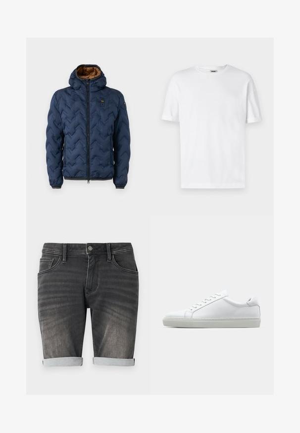 Navy blue puffer jacket with a chevron pattern, zip front, and detachable hood. Lined with brown fabric and features elastic cuffs and hem.; White cotton t-shirt with a crew neck, short sleeves, and rolled cuffs; unadorned design, soft texture, and straight cut.; Gray denim shorts with a rolled hem, featuring a five-pocket design, button closure, and subtle fading along the fabric.; White sneaker with a smooth leather upper and a low profile. Features a rounded toe, six eyelets, and a textured rubber sole.