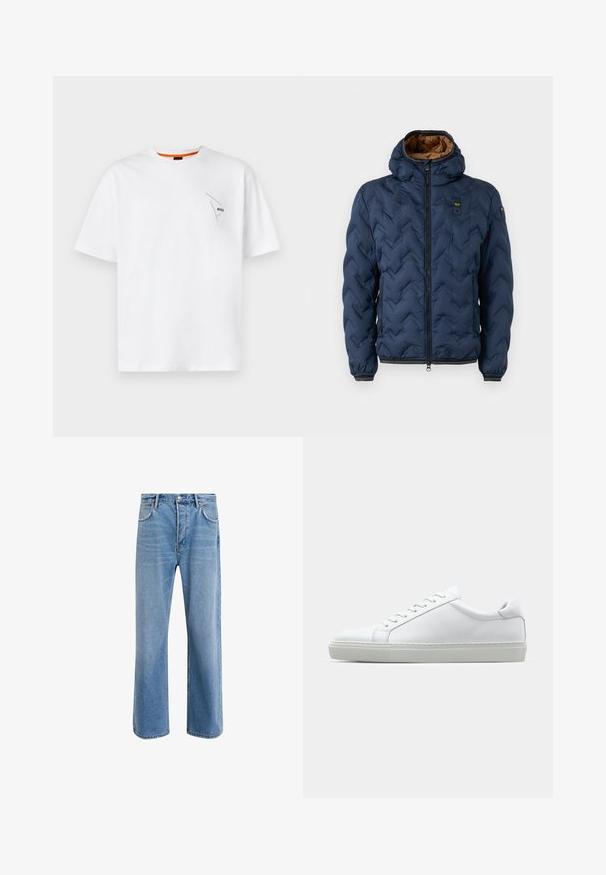 Tumesinist värvi sulejope v-kujulise mustriga, esikinnis tõmblukuga ja eemaldatava kapuutsiga. Vooderdatud pruunist kangast, varrukatel ja allääres elastsed mansetid.; Valge puuvillane T-särk lühikeste varrukatega, ümar kaelus, millel on vasakul rinnal väike must logo ja kaeluse sees oranž aktsent.; Heledad sinine teksapüksid otse lõikega, viie taskuga, nupuga sulgemine, minimaalne kulumine ja kontrastsed õmbluse detailid.; Valge tennisetoss, millel on sile nahk pealis ja madal profiil. Omab ümarat ninaosa, kuut silmust ja tekstuuriga kummist talda.