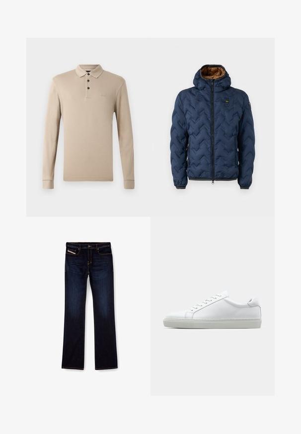 Geacă puf albastru marin cu model chevron, fermoar frontal și glugă detașabilă. Căptușită cu material maro și prevăzută cu manșete și tiv elastice.; Polo shirt bej cu mânecă lungă, confecționat din bumbac neted, cu guler, trei butoane negre și un logo brodat pe piept.; Jeans din denim de culoare albastru închis, cu croială dreaptă, prezentând cusături portocalii, fermoar și buzunare frontale. Textură netedă și talie standard.; Adidași albi cu o suprafață din piele netedă și un profil jos. Au un vârf rotunjit, șase orificii pentru șireturi și o talpă din cauciuc texturată.