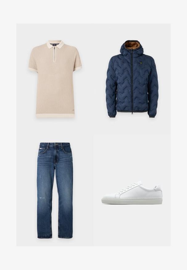 Námornícky modrá prešívaná bunda s kapucňou, s predným zipsom, dvoma zipsovými vreckami a hnedou vnútornou podšívkou, vystavená na bielom pozadí.; Bežová polo košeľa s krátkym rukávom, ktorá má rebrový vzor, zipsový golier a kontrastné lemovanie na rukávoch a leme. Jemný detail loga.; Modré denimové džínsy s rovnými nohavicami. Majú vyblednuté miesta a mierne poškodenie vpredu, s klasickým gombíkovým zapínaním.; Biele tenisky s hladkým koženým zvrškom a nízkym profilom. Majú zaoblenú špičku, šesť očiek a štruktúrovanú gumovú podrážku.