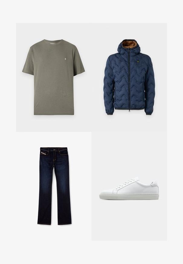 Donkerblauwe donzen jas met een chevronpatroon, ritssluiting aan de voorkant en afneembare kap. Gevoerd met bruin stof en voorzien van elastische manchetten en zoom.; Olijfgroene katoenen t-shirt met een ronde hals, korte mouwen en een klein wit logo op de borst. Eenvoudig, onversierd ontwerp.; Donkerblauwe denim jeans met een rechte pijp, voorzien van oranje stiksels, een ritssluiting en voorzakken. Glad oppervlak en een standaard tailleband.; Witte sneaker met een gladlederen bovenwerk en een laag profiel. Voorzien van een ronde neus, zes vetergaatjes en een gestructureerde rubberen zool.