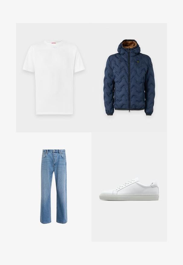 Tmavomodrá prešívaná bunda so vzorom šípok, predným zipsom a odnímateľnou kapucňou. Podšitá hnedou látkou, s elastickými manžetami a lemom.; Biela bavlnená tričko s krátkymi rukávmi, okrúhlym výstrihom a malým logom v strede hrude. Hladká textúra.; Svetlo modré denimové džínsy so strihom rovného nohu, päť vreciek, zapínanie na gombík, minimálne vyblednutie a kontrastné švy.; Biele tenisky s hladkým koženým zvrškom a nízkym profilom. Majú zaoblenú špičku, šesť očiek a štruktúrovanú gumovú podrážku.