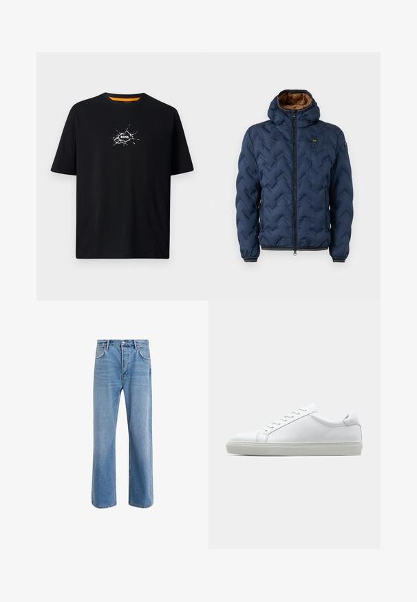Tmavě modrá prošívaná bunda s chevronovým vzorem, předním zipem a odnímatelnou kapucí. Podšitá hnědou látkou a má elastické manžety a spodní lem.; Černé bavlněné tričko volného střihu s bílou grafikou ruky, která proráží s nápisem "BOSS" uprostřed. Oranžový detail na krku.; Světle modré džínové kalhoty s rovnými nohavicemi, pěti kapsami, zapínáním na knoflík, minimálním vyblednutím a kontrastním prošitím.; Bílé tenisky s hladkým koženým svrškem a nízkým profilem. Mají zaoblenou špičku, šest nýtů a texturovanou gumovou podrážku.