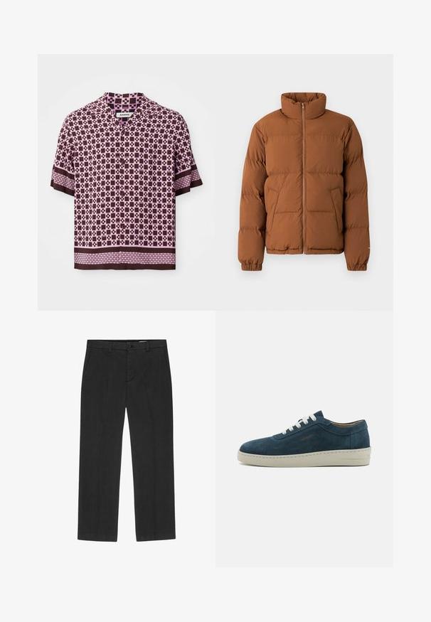 Bruine pufferjack met een hoge kraag, volledige ritssluiting aan de voorkant, ribgebreide manchetten en twee zijzakken. Heeft een doorgestikte design voor extra warmte.; Korte mouw shirt met een bruin en roze geometrisch patroon, vervaardigd uit lichtgewicht stof met een kraag en knoopsluiting.; Zwarte broek met een recht gesneden ontwerp, gemaakt van een lichtgewicht stof. Voorzien van voorzakken en een knoopsluiting. Gladde textuur.; Blauwe leren sneakertjes met een ronde neus, witte veters en een rubberen zool. Beschikt over subtiele stiksels en een merkaccent aan de zijkant.