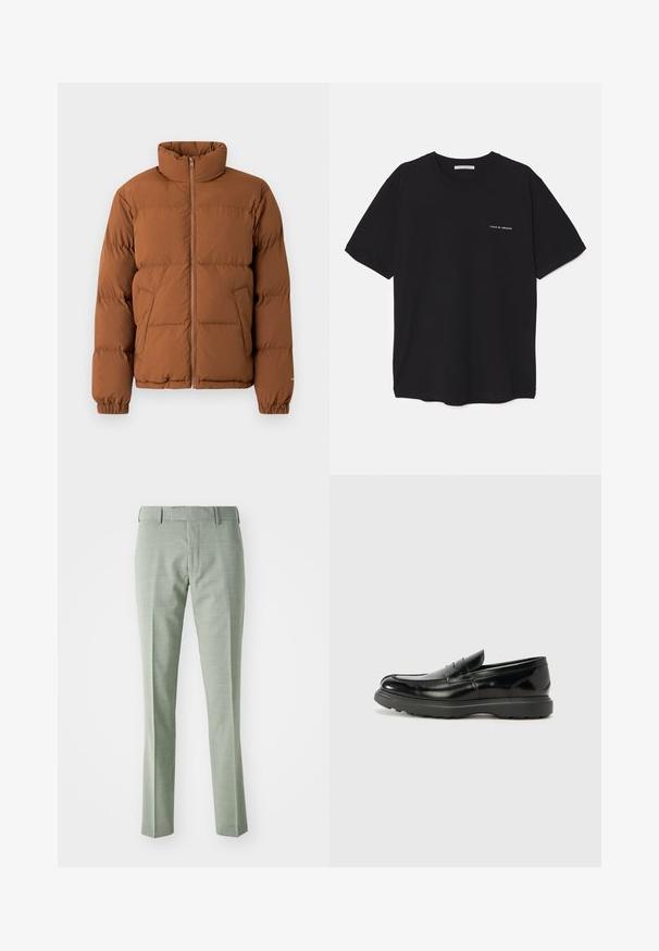 Rjava puffer jakna z visokim ovratnikom, celotnim sprednjim zadrgo, rebrastimi manžetami in dvema stranskima žepoma. Ima prešito zasnovo za dodatno toploto.; Črna bombažna majica s kratkimi rokavi in okroglim ovratnikom, z belim logotipom natisnjenim na levi prsni strani. Preprost, enobarven dizajn.; Svetlo zelene krojene hlače z gladko teksturo, ravnim krojem in standardnim pasom z obročki za pas, primerne za formalno obleko.; Črne usnjene loafer čevlje z sijajno obdelavo, okroglo špico, subtilnimi šivi in debelim gumijastim podplatom za trajnost.