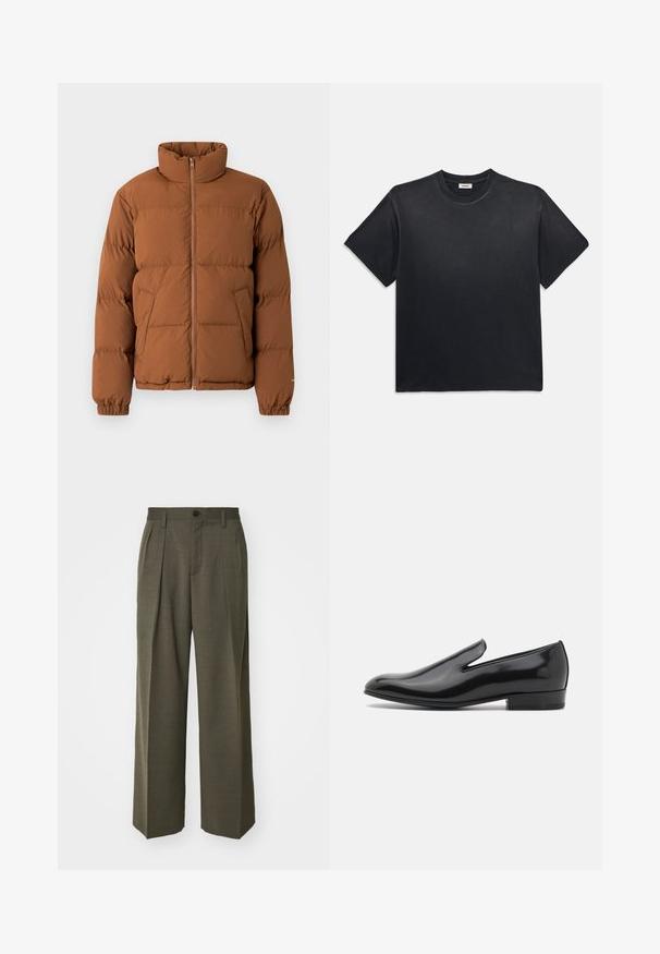 Braune Puffjacke mit hohem Kragen, durchgehendem Reißverschluss, gerippten Bündchen und zwei seitlichen Taschen. Verfügt über ein gestepptes Design für Wärme.; Schwarzes Baumwoll-T-Shirt mit rundem Ausschnitt und kurzen Ärmeln. Verfügt über eine lockere Passform, eine glatte Textur und ein minimalistisches Design.; Filippa K WIDE TROUSERS - Stoffhose - driftwood; Schwarzer Lackleder-Slipper mit runder Zehenpartie, minimalen Stickdetails und niedrigem Blockabsatz. Glatte Textur, elegantes Design.