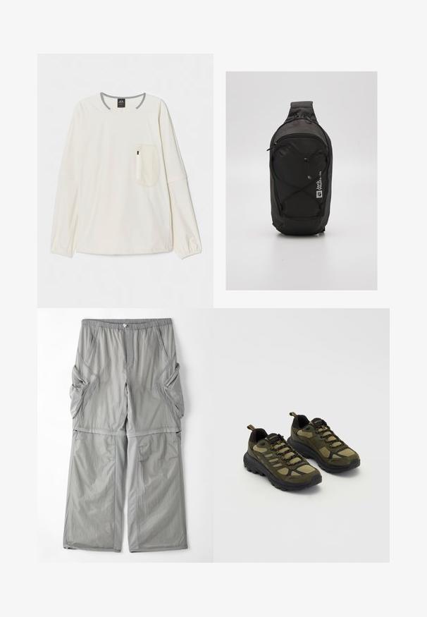 Lightweight gray jacket with a hood, zippered front, large chest pocket, textured fabric, and elastic drawstrings at the hood and hem.; Long-sleeve shirt in off-white fabric with gray neckline and accent. Features a front chest pocket with a zip closure. Soft texture.; Light grey, breathable fabric trousers with an elastic waistband, side pockets, and contrasting grey piping along the seams. Loose fit design.; Green and black athletic shoes with a textured upper, mesh panels, sturdy sole, and lace-up design featuring reinforced toe and heel.; Black backpack with a streamlined design, made of durable fabric. Features a zippered compartment, elastic cord accents, and logo detail.