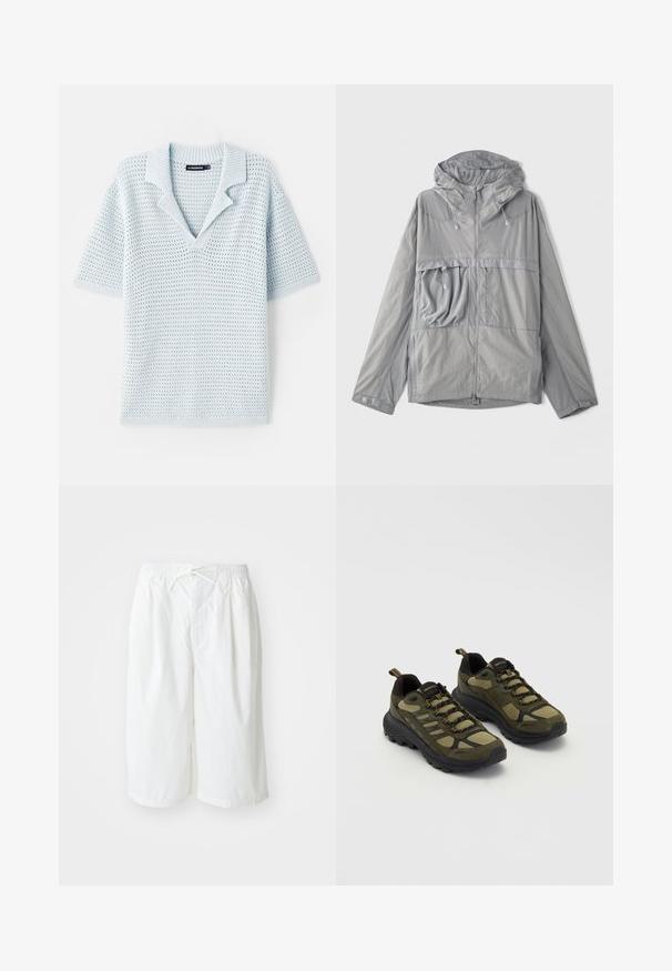 Ľahká sivá bunda s kapucňou, so zipsom vpredu, veľkou náprsníkou, textúrovanou tkaninou a elastickými šnúrkami na kapucni a leme.; Svetlo modrá pletená polokošeľa s krátkym rukávom, V-výstrihom a rebrovaným golierom. Obsahuje textúrovaný, otvorený vzor.; Biele šortky s elastickým pásom a šnúrkou, vystavené na jednolíatom svetlom pozadí. Vhodné na neformálne nosenie alebo do teplého počasia.; Zelené a čierne športové topánky s textúrovaným zvrškom, sieťovanými panelmi, pevnou podrážkou a šnurovacím dizajnom s posilnenou špičkou a pätou.