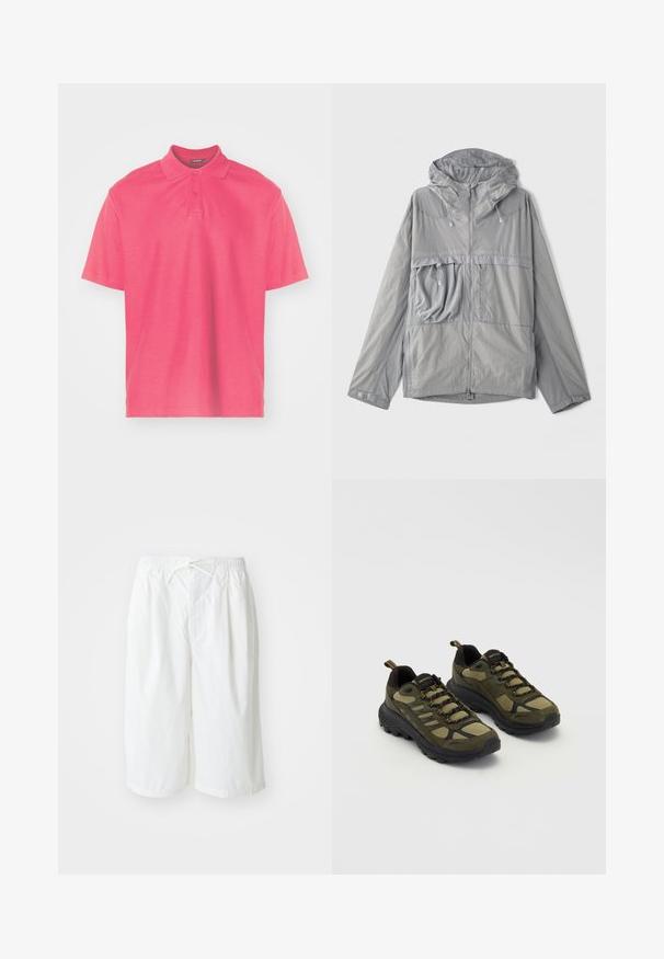 Lehká šedá bunda s kapucí, zapínáním na zip, velkou náprsní kapsou, texturovanou tkaninou a elastickými stahovacími šňůrkami na kapuci a spodním lemu.; Pánská polokošile s krátkým rukávem v jasně růžové barvě. Vyrobena z hladké bavlny, má klasický límeček, dvoubarevné zapínání na knoflíky a decentní logo na hrudi.; Bílé kraťasy s elastickým pasem a šňůrkou, zobrazené na jednoduchém světlém pozadí. Vhodné pro každodenní nebo letní nošení.; Zelené a černé sportovní boty s texturovaným svrškem, síťovinovými panely, odolnou podešví a šněrovacím designem s vyztuženou špičkou a patou.