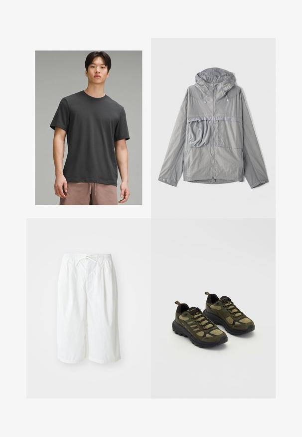 Jachetă ușoară gri, cu glugă, închidere cu fermoar pe față, buzunar mare pe piept, material texturat și șnururi elastice la glugă și la tiv.; Tricou scurt cu mânecă scurtă, de culoare gri închis, cu guler tip crew, fabricat dintr-un material moale. Prezintă o croială lejeră și o textură netedă.; Shorts albe cu talie elastică și șnur de ajustare, prezentate pe un fundal simplu de culoare deschisă. Potrivite pentru îmbrăcăminte casuală sau pentru vreme caldă.; Adidași atletici verzi și negri cu un toc texturat, panouri din plasă, talpă robustă și sistem de șireturi, cu vârf și călcâi întărite.