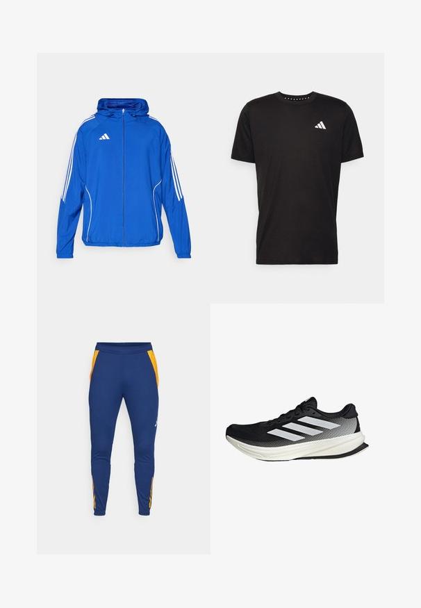 Blå letvægtsjakke med lynlås foran, hætte, elastiske manchetter og hvide striber langs siderne. Har et logo på venstre bryst.; Sort bomulds T-shirt med korte ærmer, rund hals og et hvidt logo på venstre bryst. Glat tekstur og enkelt design.; Marineblå atletiske joggers med orange netpaneler på siden, tapered ben og en elastisk talje. Har et diskret logo på venstre lår.; Sort atletisk sko med mesh-design, der har hvide striber, en rund tå og en tekstureret sål for greb og støtte.