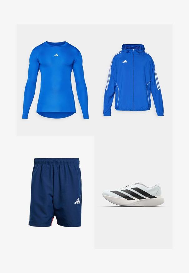 Niebieska lekka kurtka z zamkiem z przodu, kapturem, elastycznymi mankietami i białymi paskami po bokach. Posiada logo na górnej lewej stronie klatki piersiowej.; Koszulka sportowa z długim rękawem w jednolitym niebieskim kolorze, wykonana z elastycznego materiału. Posiada okrągły dekolt oraz małe białe logo na klatce piersiowej.; Granatowe spodenki sportowe z elastycznym pasem, bocznymi białymi paskami i małym białym logo na dolnej części lewej nogawki. Wykonane z lekkiego materiału.; Lekkie buty do biegania w jasnoniebieskim kolorze z czarnymi pasami. Posiadają gładką cholewkę, okrągły nosek oraz grubą białą podeszwę środkową oznaczoną "LIGHTSTRIKE PRO."