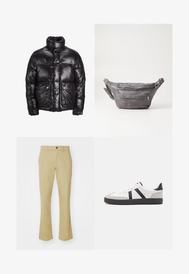 Black puffer jacket made of shiny material, featuring a high collar, two front pockets with snap closures, and a padded design.; Beige quarter-zip pullover sweater in soft knit fabric. Features ribbed collar and cuffs, with a relaxed fit and seamless design.; Beige flared pants made of cotton blend fabric with a smooth texture, featuring a front button at the waist and pockets.; White sneaker with black and gray accents, featuring a textured gray toe cap, black rubber sole, and flat white laces. Clean design, minimalist style.; Gray suede fanny pack with a rounded shape, two zippered compartments, and adjustable strap. Features metal hardware accents.