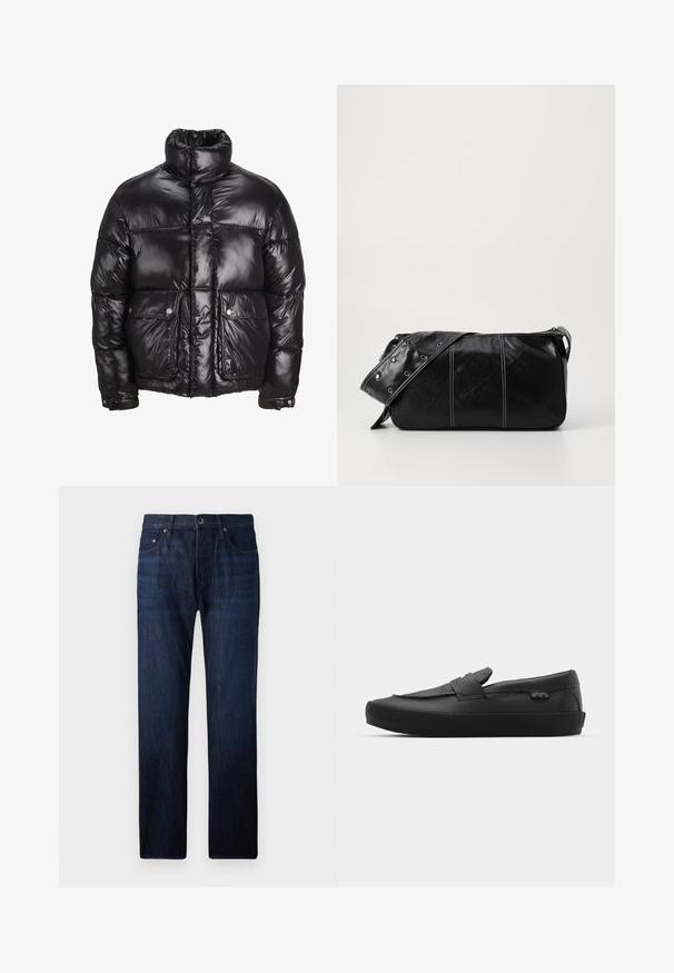 Crna puffer jakna od sjajnog materijala, s visokim ovratnikom, dva prednja džepa sa kopčama na dugmad i podstavljenim dizajnom.; Zeleni pamukasti dukserica s kapuljačom, prednjim kenguru džepom, rebrastim rubovima i izvezenim logom na prsima u bijeloj boji. Jednostavan dizajn.; Tamno plave traperice ravnog kroja s pet džepova, prednjim kopčanjem na gumb i blagim izbljeđivanjem u području koljena.; Vans SKATE LOAFER UNISEX - Tenisice - black; Crna kožna torba preko ramena s zatvaranjem na patentni zatvarač, s teksturiranim tijelom, bijelim šavovima i remenom sa srebrnim okovima.