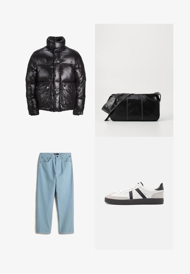 Czarna puchowa kurtka wykonana z błyszczącego materiału, z wysokim kołnierzem, dwiema przednimi kieszeniami zapinanymi na napy oraz pikowanym fasonem.; Zielona bawełniana bluza z kapturem z kieszenią kangurką z przodu, ściągaczami przy rękawach i haftowanym logo na piersi w kolorze białym. Prosty design.; Jasnoniebieskie dżinsy o prostym kroju z pięcioma kieszeniami, subtelnym kontrastowym szyciem i etykietą marki na pasku. Q; Białe sneakersy z czarnymi i szarymi akcentami, z teksturowanym szarym czubkiem, czarną gumową podeszwą i płaskimi białymi sznurowadłami. Czysty design, minimalistyczny styl.; Czarna skórzana torba na ramię z zamkiem błyskawicznym, charakteryzująca się teksturowanym korpusem, białymi przeszyciami oraz paskiem z srebrnymi osłonkami.