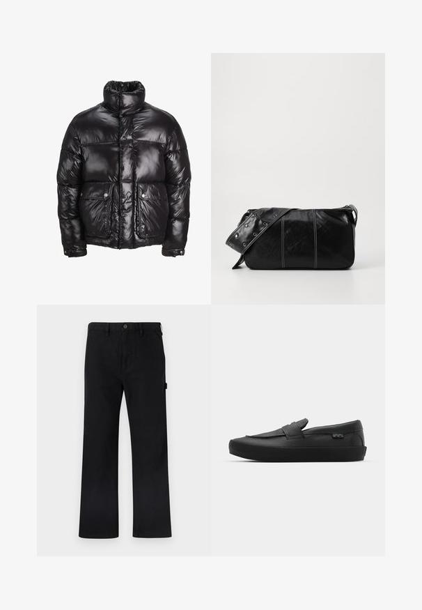 Black puffer jacket made of shiny material, featuring a high collar, two front pockets with snap closures, and a padded design.; Green cotton hooded sweatshirt with a front kangaroo pocket, ribbed cuffs, and embroidered logo on the chest in white. Simple design.; Black cotton trousers with straight legs, button closure, belt loops, and side pockets. Smooth texture with no visible patterns or branding.; Vans SKATE LOAFER UNISEX - Trainers - black; Black leather shoulder bag with a zip closure, featuring a textured body, white stitching, and a strap with silver grommets.