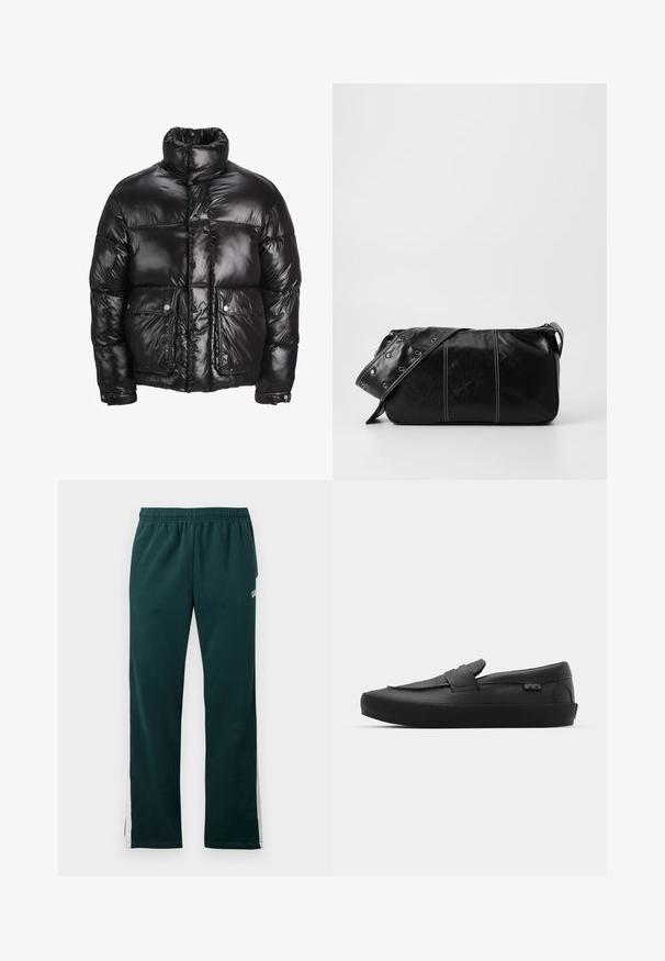 Juodas pūkinis švarkas, pagamintas iš blizgaus medžiagos, su aukštu apykakle, dviem priekiniais kišenėmis su snapeliais ir paminkštinta struktūra.; Žalias medvilnės gobtuvėlis su priekinėmis kengūros kišenėmis, raukšlėtais rankogaliais ir balta siuvinėta logo ant krūtinės. Paprastas dizainas.; Tamsiai žali sportiniai trikotažiniai kelnių su elastinga juosta ir baltomis juostomis, einančiomis palei išorinius kojų šonus.; Vans SKATE LOAFER UNISEX - Sportbačiai - black; Juodas odinis pečių krepšys su užtrauktuku, turintis tekstūruotą paviršių, baltą siuvinėjimą ir dirželį su sidabinėmis metalinėmis detalėmis.